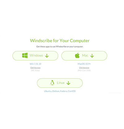 Capture d'écran des boutons de téléchargement d'applications personnalisés sur le site Web de Windscribe