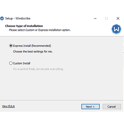 Tangkapan skrin wizard pemasangan untuk aplikasi Windows Windscribe Free