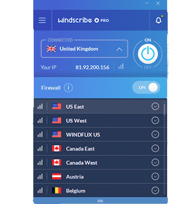 Снимок экрана со списком VPN-серверов Windscribe