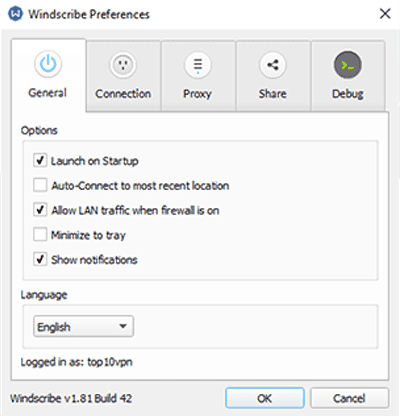 Windscribe桌面应用程序中常规设置屏幕的屏幕截图