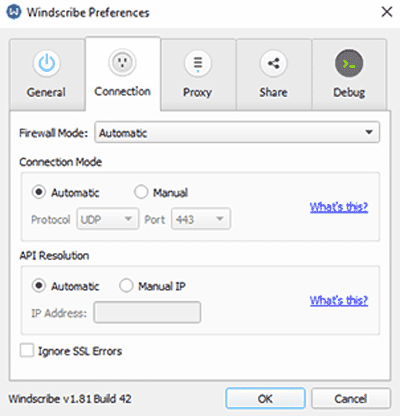 Schermata delle opzioni di connessione nell'app desktop di Windscribe