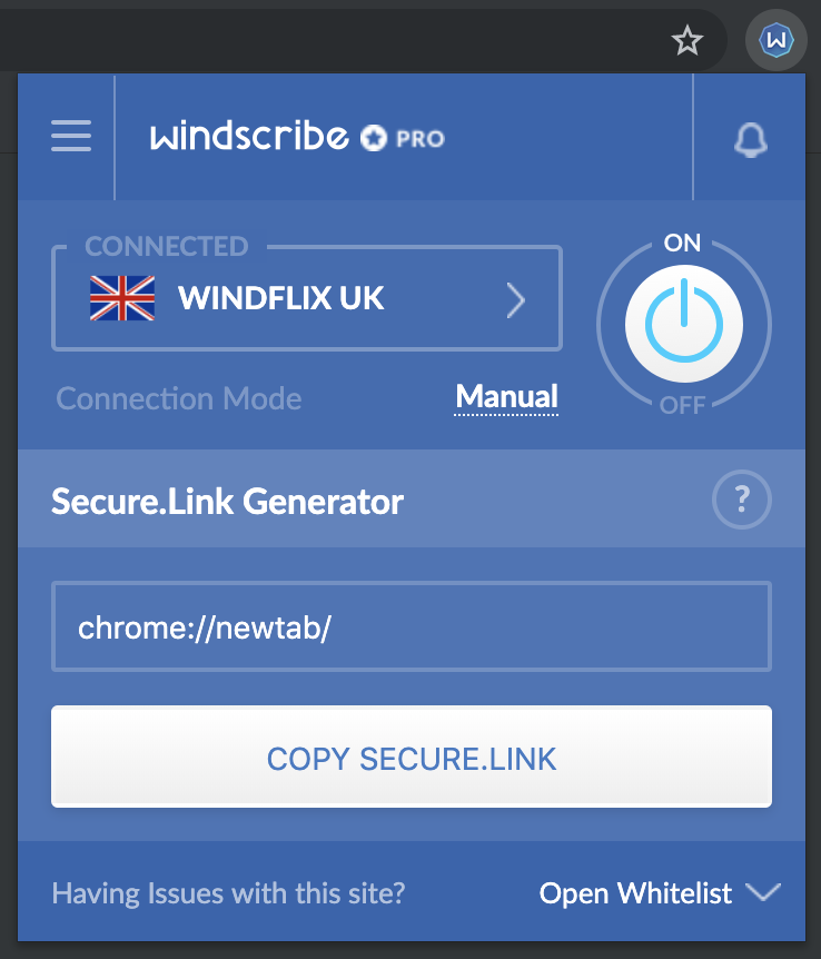 Снимок экрана расширения браузера Windscribe Chrome