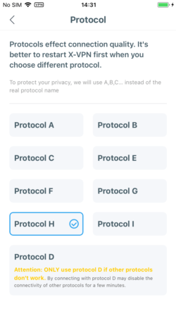 Captura de pantalla de los protocolos X-VPN Free en la aplicación
