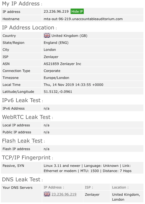Captura de pantalla de los resultados de la prueba de fuga gratuita de X-VPN