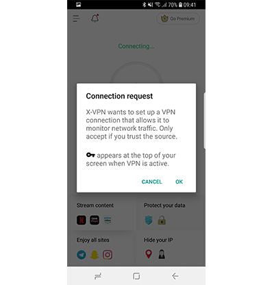 Captura de pantalla de la solicitud de conexión gratuita de X-VPN