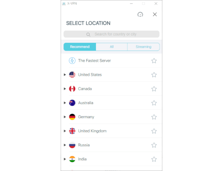 Tangkapan skrin senarai lokasi pelayan aplikasi X-VPN Windows