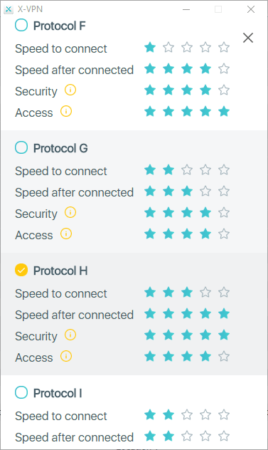 X-VPN의 프로토콜 옵션 스크린 샷