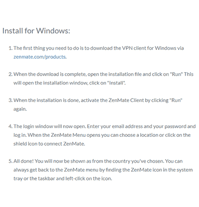 ZenMate VPN评估中的ZenMate Windows说明屏幕快照