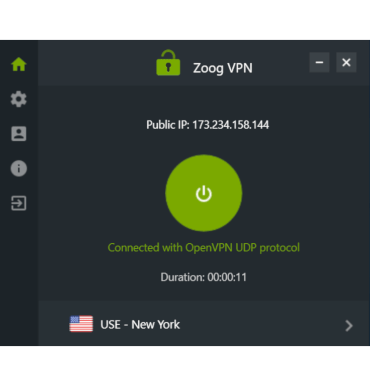 कनेक्ट होने पर ZoogVPN ऐप की मुख्य स्क्रीन का स्क्रीनशॉट