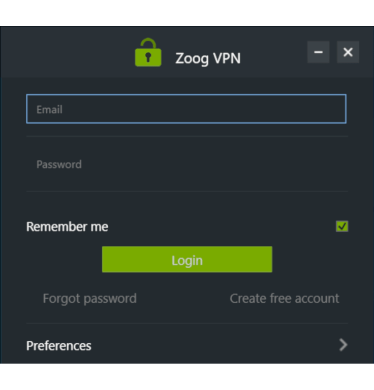 ZoogVPN ऐप लॉगइन स्क्रीन का स्क्रीनशॉट