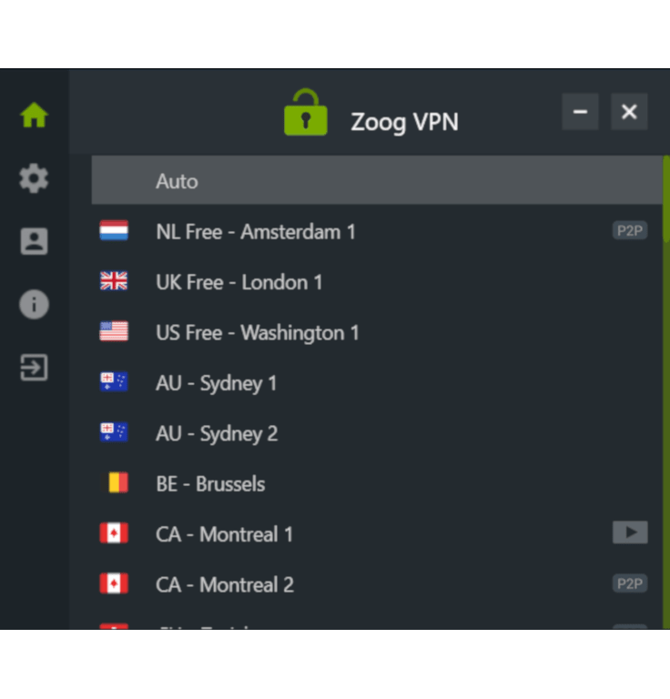 ZoogVPN सर्वर स्थानों की सूची का स्क्रीनशॉट