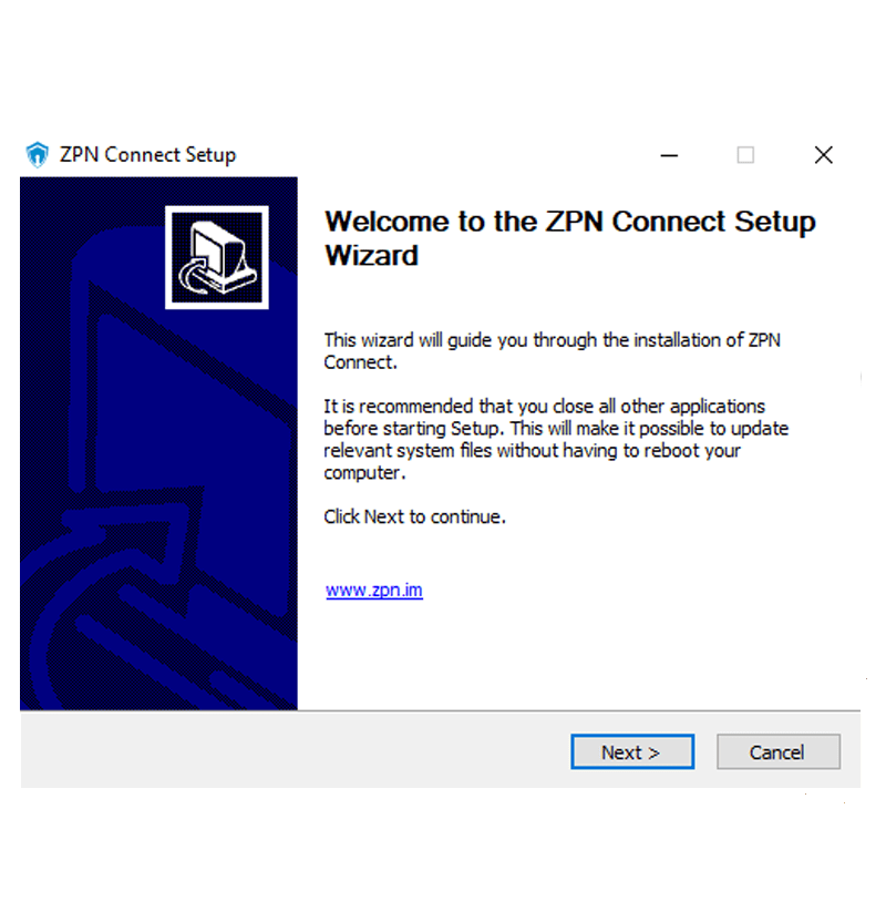 Снимок экрана мастера установки ZPN для настольного приложения