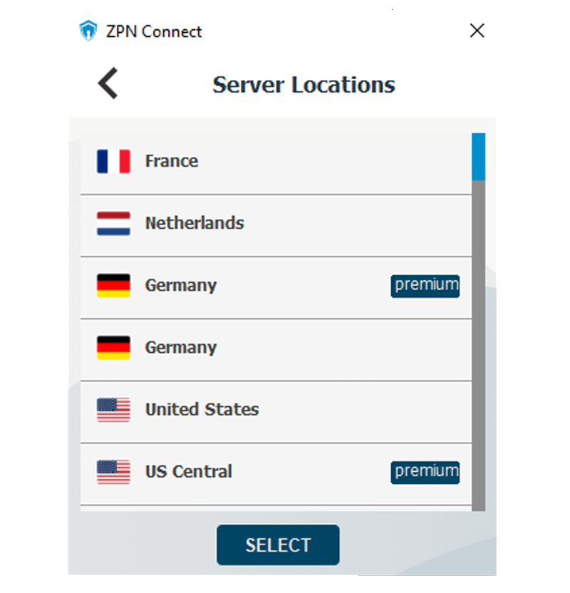 Скриншот полного списка бесплатных серверов ZPN