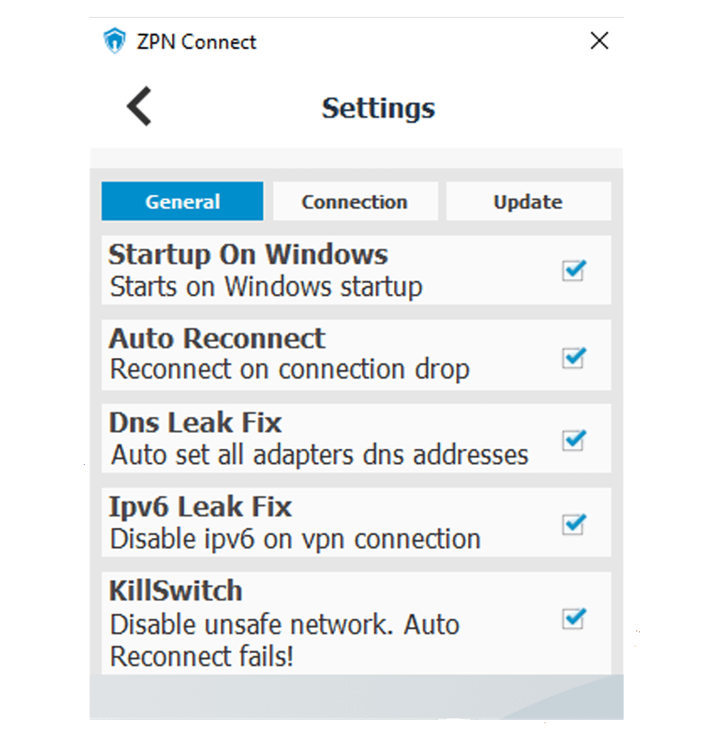 Tangkapan skrin tetapan umum ZPN pada aplikasi Windows