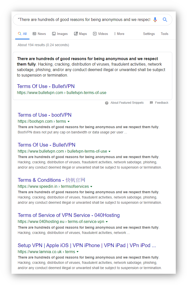 Captura de ecran a unei căutări Google, care prezintă mai multe politici de înregistrare duplicate